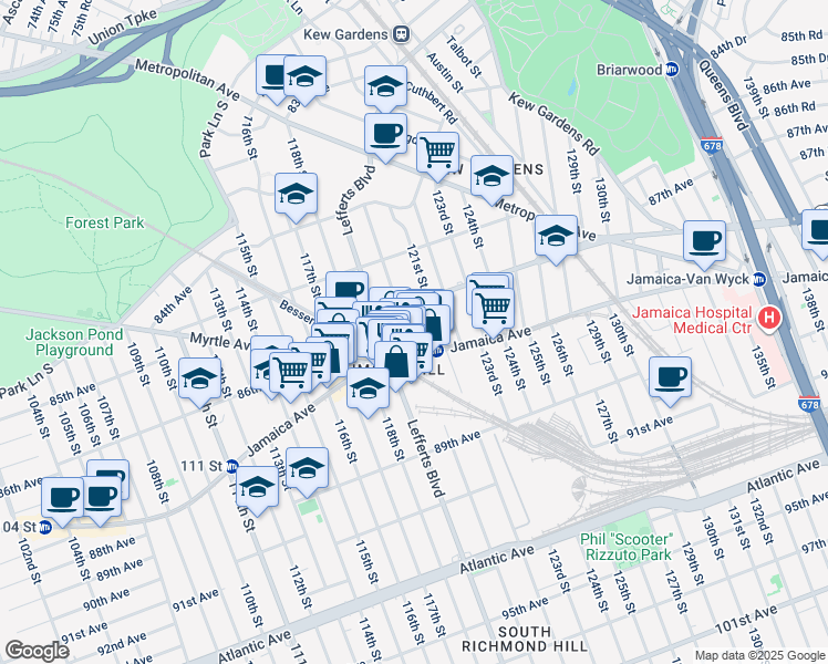 map of restaurants, bars, coffee shops, grocery stores, and more near 86-21 120th Street in Queens