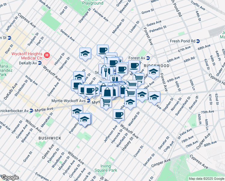 map of restaurants, bars, coffee shops, grocery stores, and more near 1684 Woodbine Street in Queens
