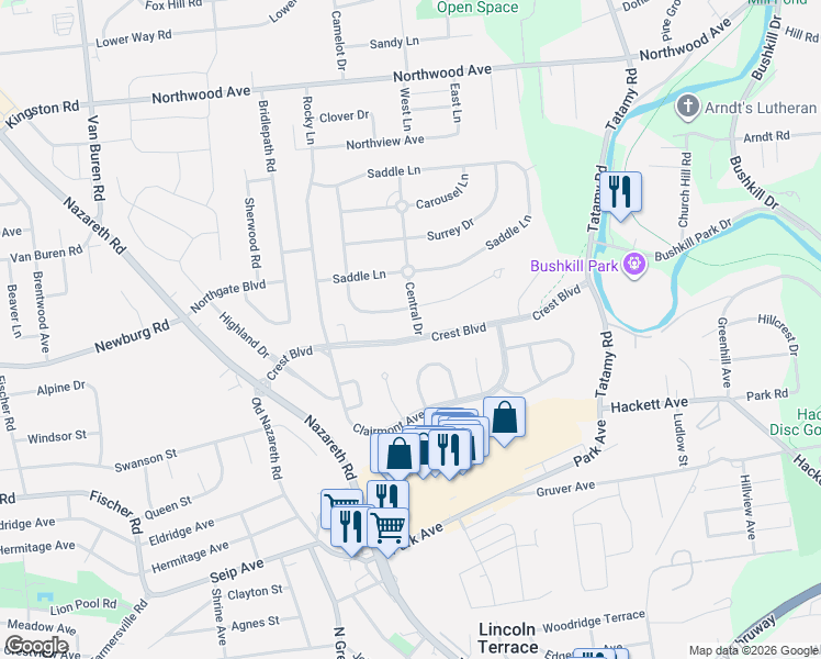 map of restaurants, bars, coffee shops, grocery stores, and more near 9 Central Drive in Easton