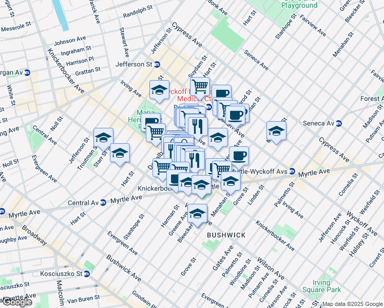 map of restaurants, bars, coffee shops, grocery stores, and more near 232 Stanhope Street in Brooklyn