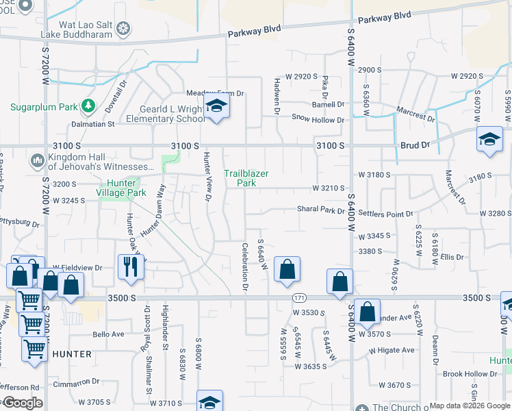 map of restaurants, bars, coffee shops, grocery stores, and more near 3258 Sharal Park Circle in West Valley City