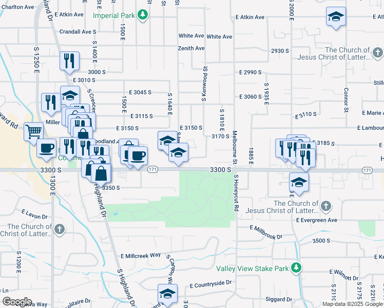 map of restaurants, bars, coffee shops, grocery stores, and more near 3219 South Imperial Street in Salt Lake City