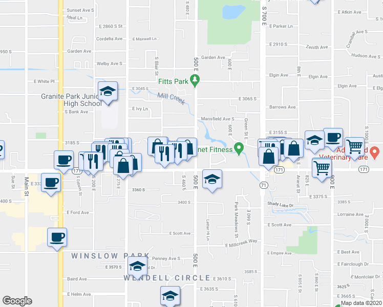 map of restaurants, bars, coffee shops, grocery stores, and more near 479 Woodland Avenue in Salt Lake City