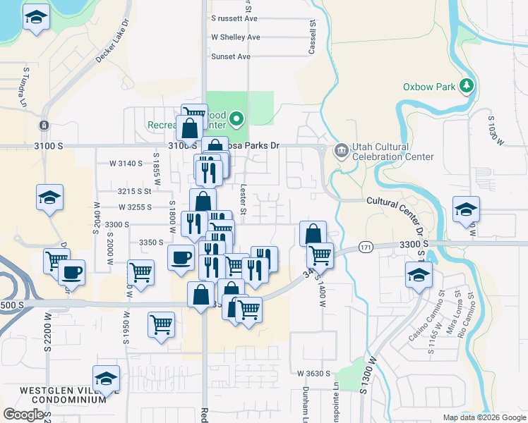 map of restaurants, bars, coffee shops, grocery stores, and more near 1571 West 3255 South in West Valley City