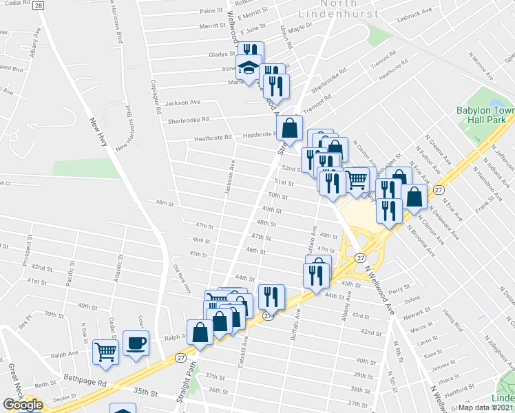 map of restaurants, bars, coffee shops, grocery stores, and more near 260 49th Street in Lindenhurst