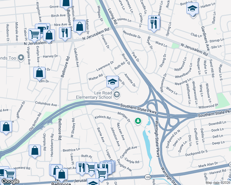 map of restaurants, bars, coffee shops, grocery stores, and more near 1004 Brent Drive in Wantagh