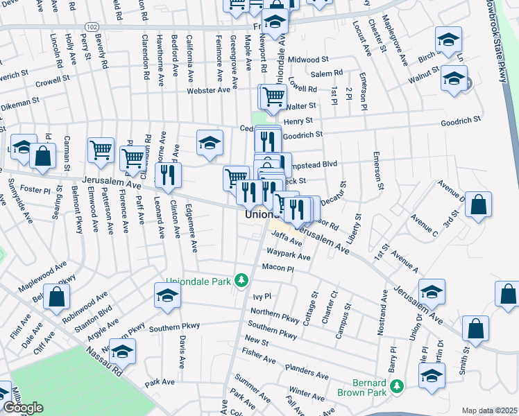 map of restaurants, bars, coffee shops, grocery stores, and more near 599 Jerusalem Avenue in Uniondale