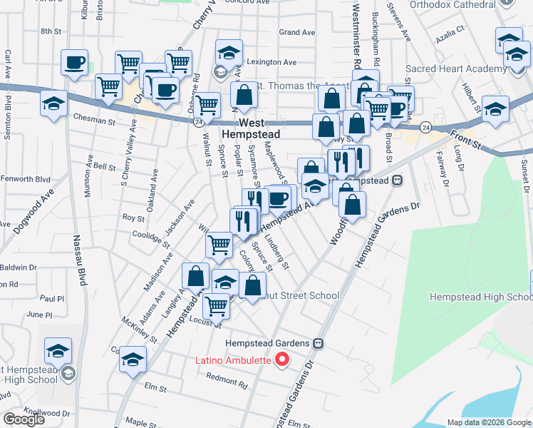 map of restaurants, bars, coffee shops, grocery stores, and more near 293 Hempstead Avenue in West Hempstead