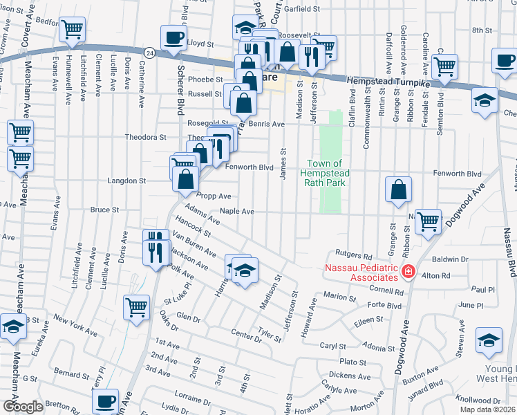 map of restaurants, bars, coffee shops, grocery stores, and more near 263 Hoffman Street in Franklin Square