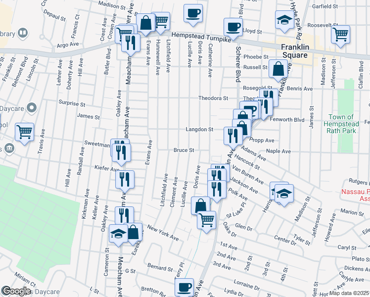 map of restaurants, bars, coffee shops, grocery stores, and more near 283 Clement Avenue in Elmont