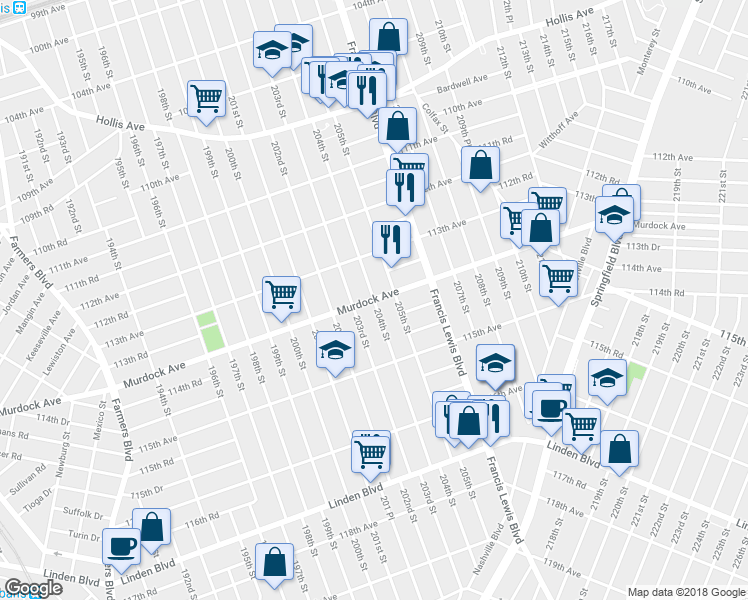 map of restaurants, bars, coffee shops, grocery stores, and more near 114-02 205th Street in Queens
