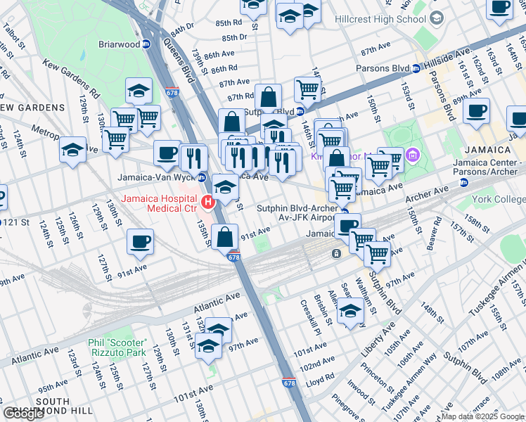 map of restaurants, bars, coffee shops, grocery stores, and more near 138-18 90th Avenue in Queens