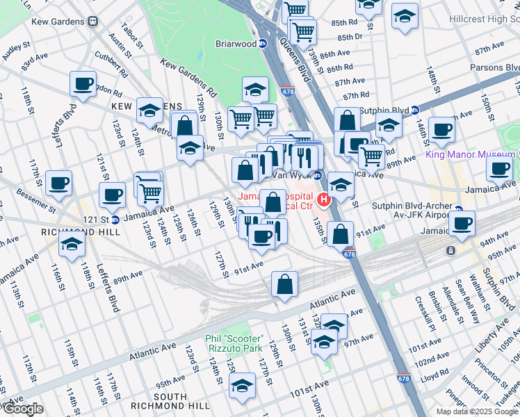 map of restaurants, bars, coffee shops, grocery stores, and more near 88-07 132nd Street in Queens