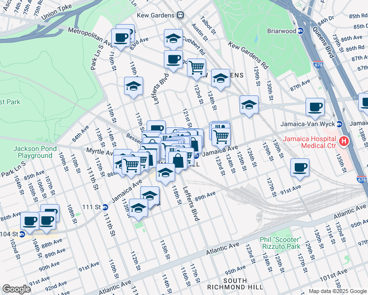 map of restaurants, bars, coffee shops, grocery stores, and more near 86-21 120th Street in Queens
