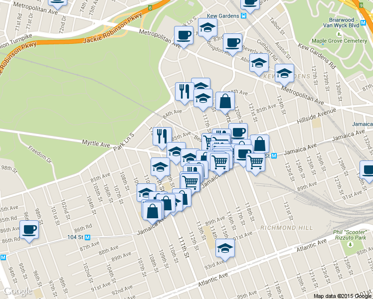 map of restaurants, bars, coffee shops, grocery stores, and more near 85-25 114th Street in Queens