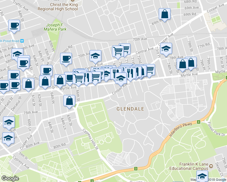 map of restaurants, bars, coffee shops, grocery stores, and more near 6907 Cooper Avenue in Queens