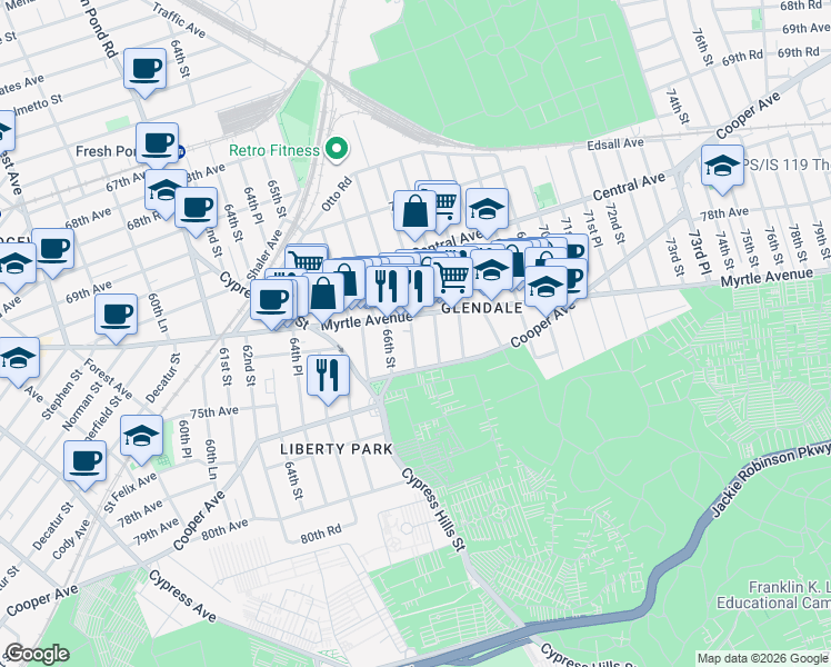 map of restaurants, bars, coffee shops, grocery stores, and more near 72-12 66th Place in Queens