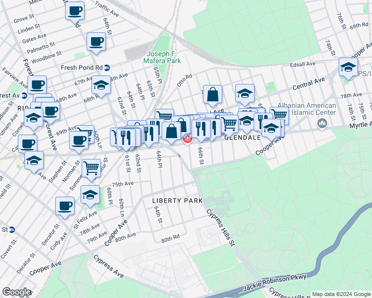 map of restaurants, bars, coffee shops, grocery stores, and more near 65-58 Myrtle Avenue in Queens