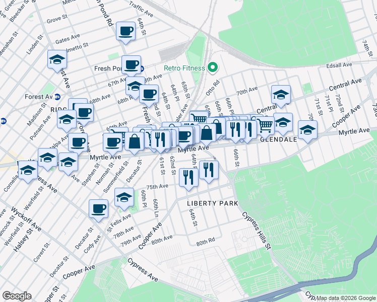 map of restaurants, bars, coffee shops, grocery stores, and more near 64 Myrtle Avenue in Queens