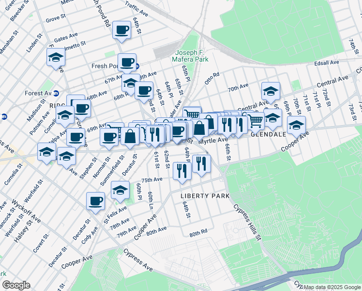 map of restaurants, bars, coffee shops, grocery stores, and more near 64 Myrtle Avenue in Queens