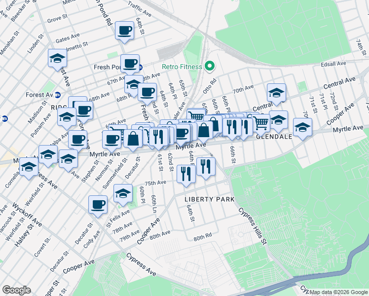 map of restaurants, bars, coffee shops, grocery stores, and more near 6410 Myrtle Avenue in Queens