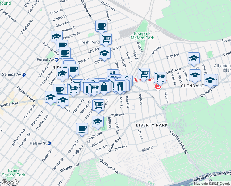 map of restaurants, bars, coffee shops, grocery stores, and more near 6101 Myrtle Avenue in Queens