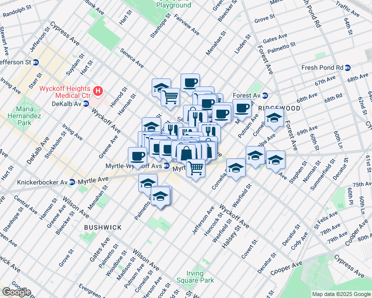 map of restaurants, bars, coffee shops, grocery stores, and more near 1645 Palmetto Street in Queens
