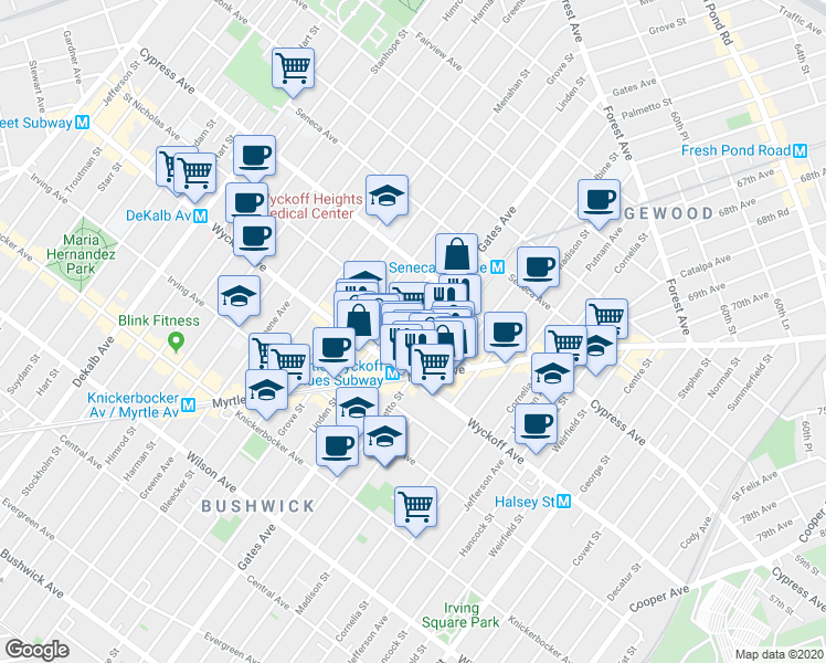 map of restaurants, bars, coffee shops, grocery stores, and more near 310 Saint Nicholas Avenue in Brooklyn