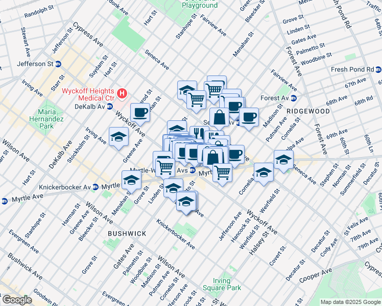map of restaurants, bars, coffee shops, grocery stores, and more near 310 Saint Nicholas Avenue in Brooklyn