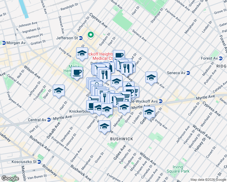 map of restaurants, bars, coffee shops, grocery stores, and more near in Brooklyn