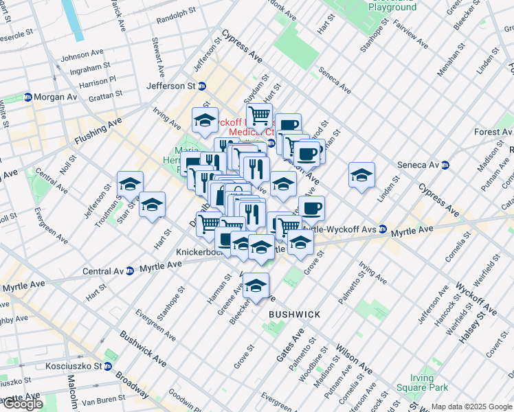 map of restaurants, bars, coffee shops, grocery stores, and more near 234B Stanhope Street in Brooklyn