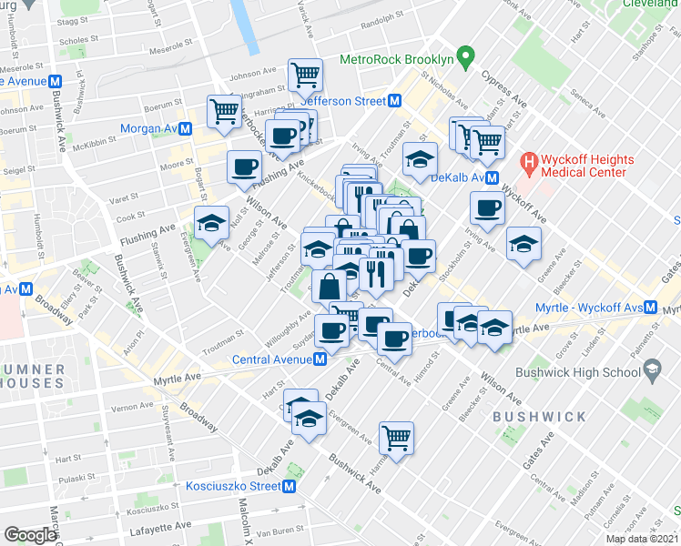 map of restaurants, bars, coffee shops, grocery stores, and more near in Brooklyn