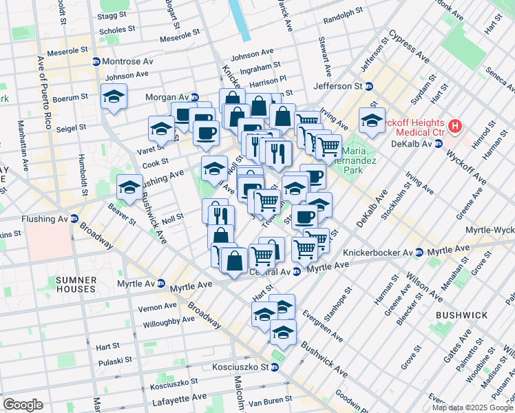 map of restaurants, bars, coffee shops, grocery stores, and more near 69 Melrose Street in Brooklyn