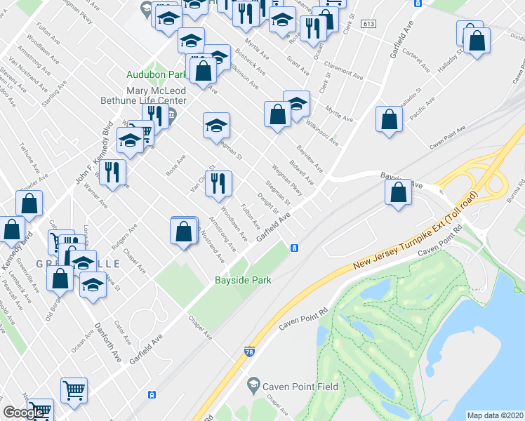 map of restaurants, bars, coffee shops, grocery stores, and more near 17 Bayside Place in Jersey City
