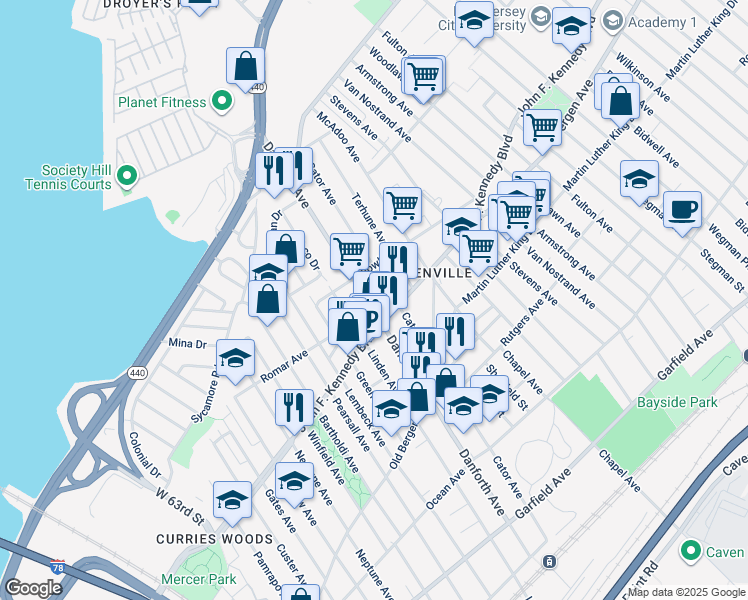map of restaurants, bars, coffee shops, grocery stores, and more near 283 Danforth Avenue in Jersey City
