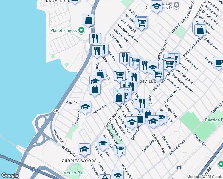 map of restaurants, bars, coffee shops, grocery stores, and more near 105 Fowler Avenue in Jersey City