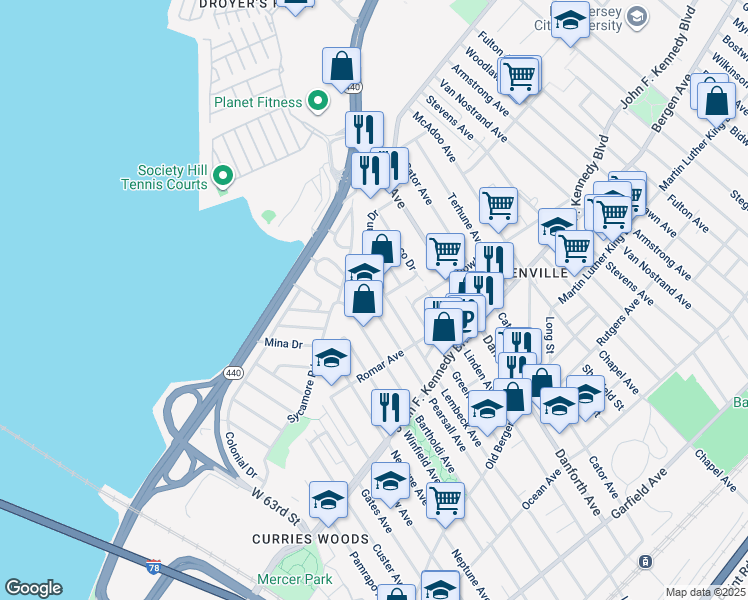map of restaurants, bars, coffee shops, grocery stores, and more near 335 Lembeck Avenue in Jersey City