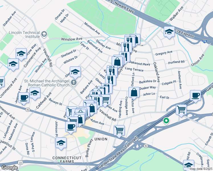 map of restaurants, bars, coffee shops, grocery stores, and more near in Union