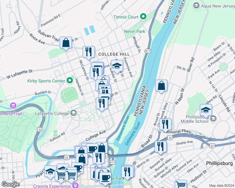 map of restaurants, bars, coffee shops, grocery stores, and more near 312 High Street in Easton