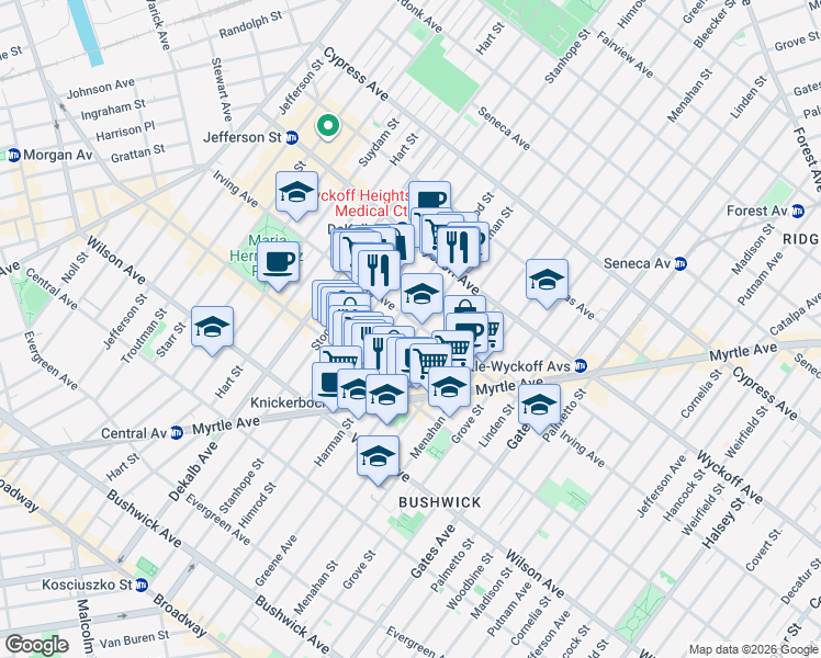 map of restaurants, bars, coffee shops, grocery stores, and more near in Brooklyn