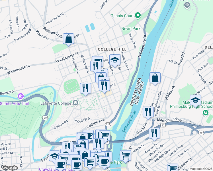 map of restaurants, bars, coffee shops, grocery stores, and more near 411 High St in Easton