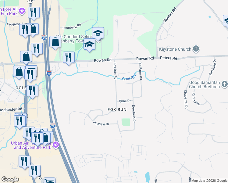 map of restaurants, bars, coffee shops, grocery stores, and more near 128 Fox Run Road in Cranberry Township