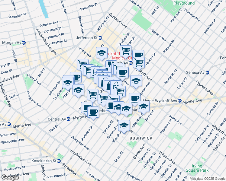 map of restaurants, bars, coffee shops, grocery stores, and more near 222 Stockholm Street in Brooklyn