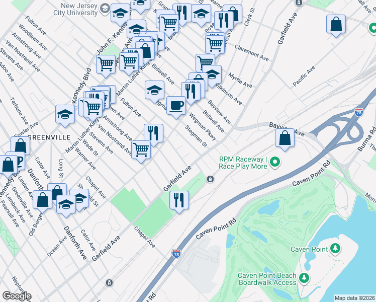 map of restaurants, bars, coffee shops, grocery stores, and more near 17 Bayside Place in Jersey City