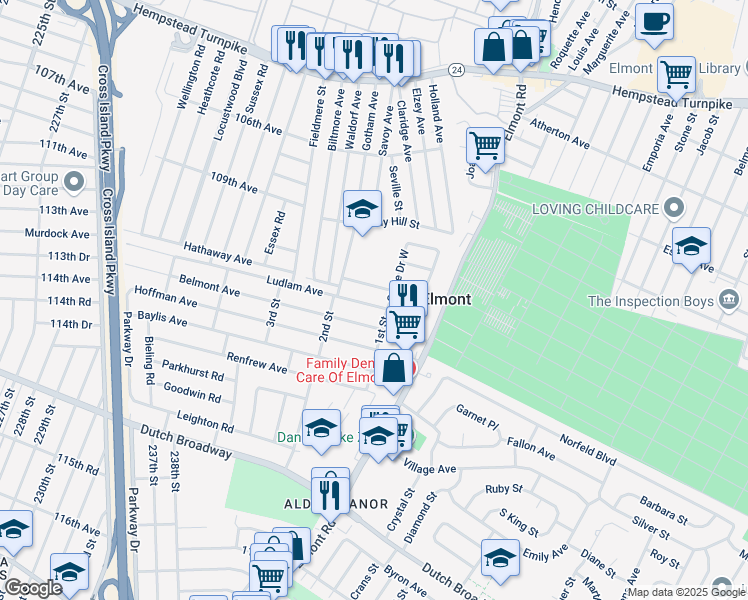 map of restaurants, bars, coffee shops, grocery stores, and more near 65 Ludlam Avenue in Elmont