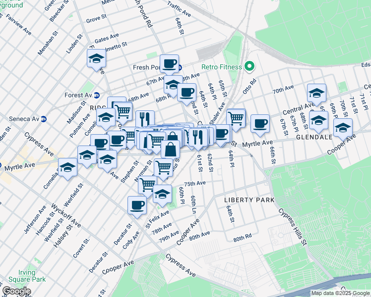 map of restaurants, bars, coffee shops, grocery stores, and more near 60-63 Myrtle Avenue in Queens