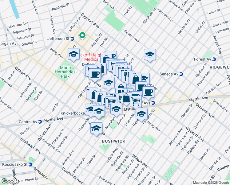 map of restaurants, bars, coffee shops, grocery stores, and more near 1395 Greene Avenue in Brooklyn