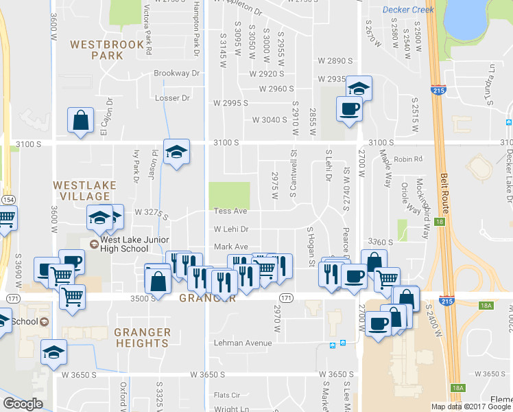 map of restaurants, bars, coffee shops, grocery stores, and more near 3040 Tess Avenue in West Valley City