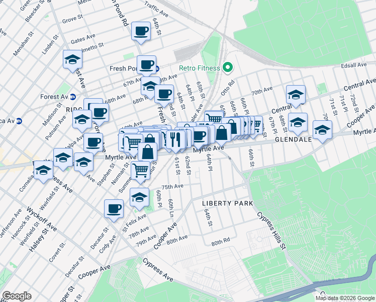 map of restaurants, bars, coffee shops, grocery stores, and more near 6207 Myrtle Avenue in Queens