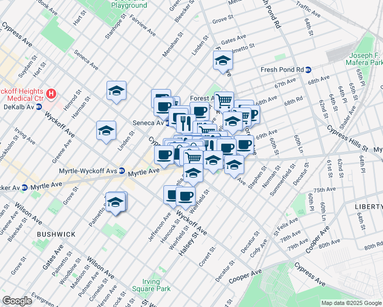 map of restaurants, bars, coffee shops, grocery stores, and more near in Queens